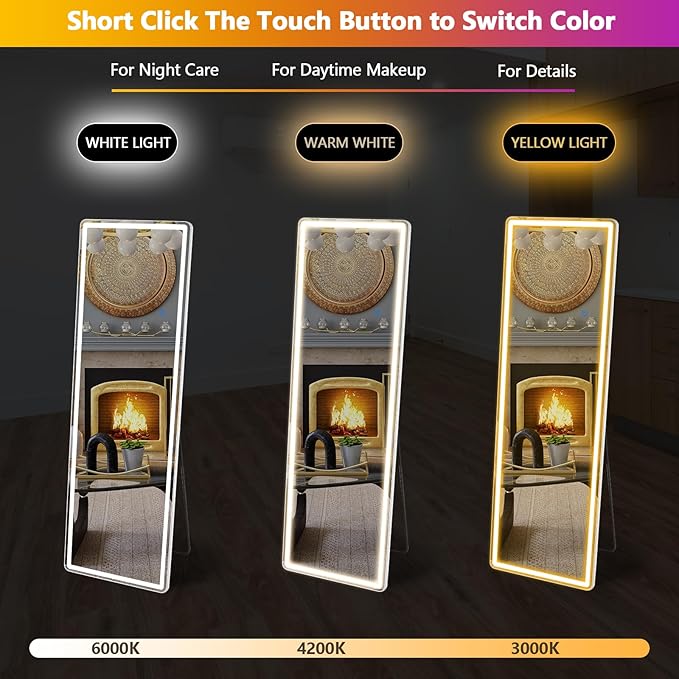 Sweetcrispy Full Length Mirror with LED Lights, 65"x21" Lighted Floor Mirror with Dimming & 3 Color Lighting, Stand for Bedroom, Dressing Room