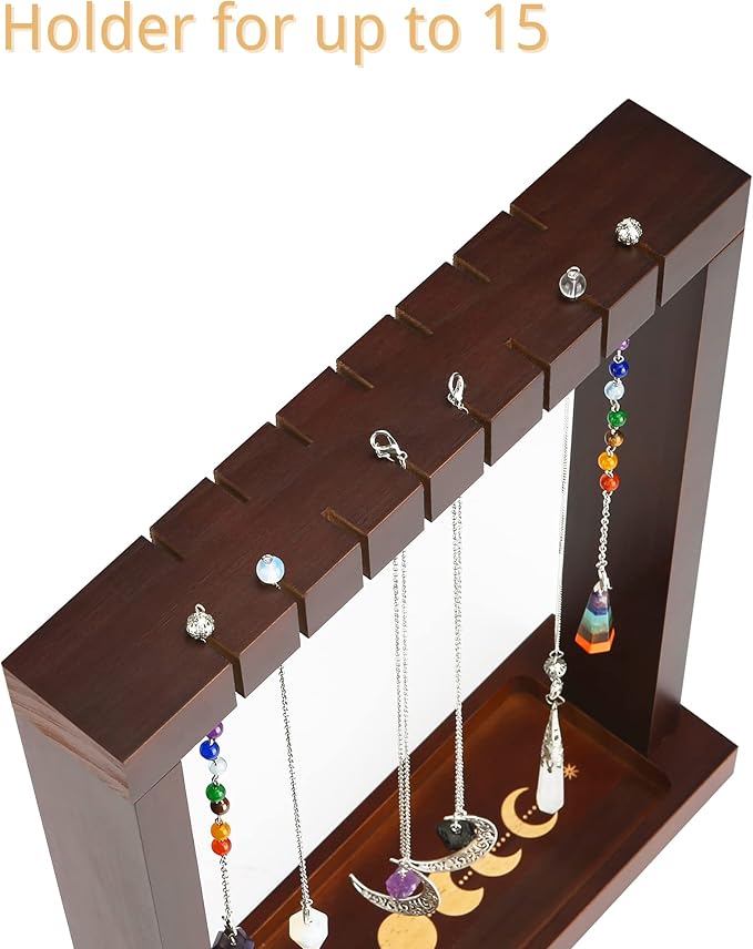 Moon Phase Pendulum Display Stand with Tray, Wood Wiccan Crystal Holder for Up 15 Pendulum, Witchcraft Supplies Witch Organizer for Incense Charging Necklace Healing Stone Gift Rack