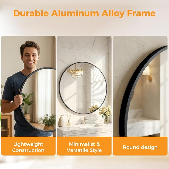 OLIXIS Black Round Wall Mirror 30 Inch, Round Mirrors for Wall Decor, Circle Mirror for Bathroom, Entryway, Bedroom, Vanity