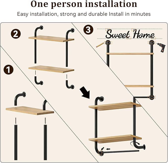 Tinpin Bathroom Shelves Wall Mounted, Rustic Farmhouse Pipe Shelves, 2-Tier, Industrial Shelving Over Toilet, Floating Shelf Decor for Bathroom, Kitchen, Bedroom, Living Room 17.3 inch