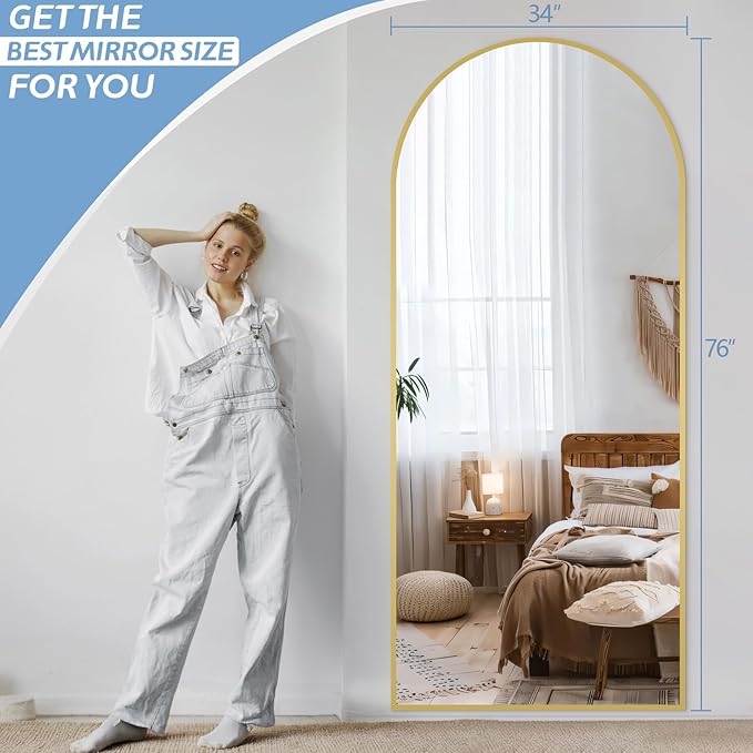 76"X34" Large Floor Mirror Full Length, Gold Arched Full Length Mirror with Stand, Hanging or Leaning Standing Full Body Mirror for Bedroom Living Room Gym, Tempered Glass