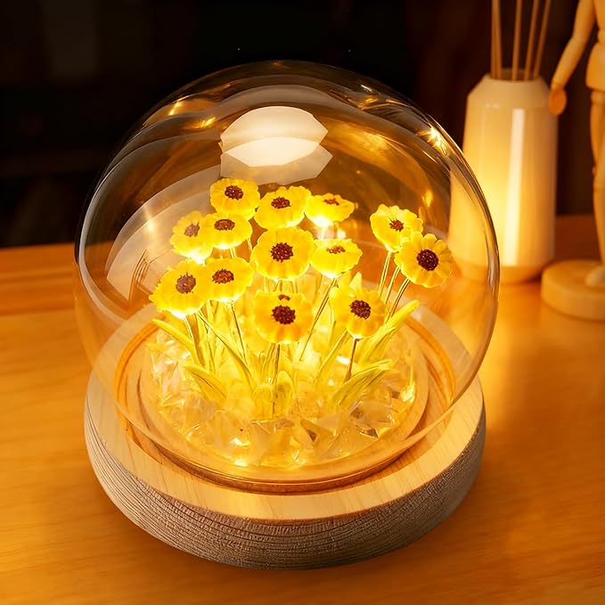 ONXE Sunflowers Flower Lamp,Sunflowers Night Light,Birthday Mothers Day Gifts for Girlfriend Mom Women Her Wife Sister Girls Grandma,Artificial Flower Table Lamp in Glass Dome (USB Powered)