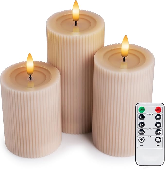 Fluted Ribbed LED Pillar Candles, Blush Beige, with Reflective Melted-Wax Effect – Flickering Flame, Remote, Dimmable, Flameless, Battery Operated, Home & Wedding Decor (Set of 3)