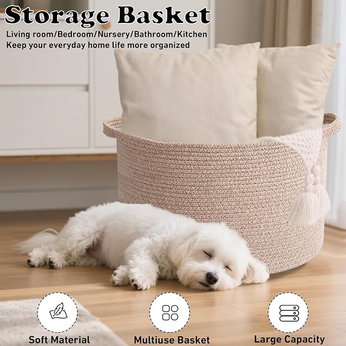 115L Large Blanket Basket,23.6" L x 23.6" W x 15.7" H Rope Woven Baskets with Handles, Toys Storage Bins,Laundry Basket Perfect for Living Room, Nursery,Bedroom,Home Organization,Brown