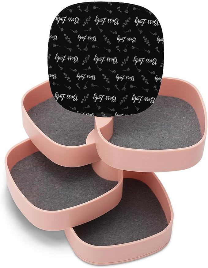 4-Layer Rotating Travel Jewelry Tray Holder Small Jewelry Storage Box Earring Organizer Box with Mirror (Rose Boss Lady White Black)