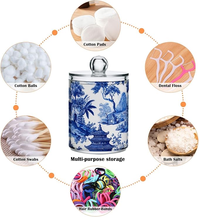 2 Pack Apothecary Jars Blue Chinoiserie Pagodas Trees Bathroom Vanity Storage Organizer Set,Small Clear Plastic Storage Jars Bathroom Canister for Cotton Swabs, Rounds, Balls, Qtips,Makeup Spon