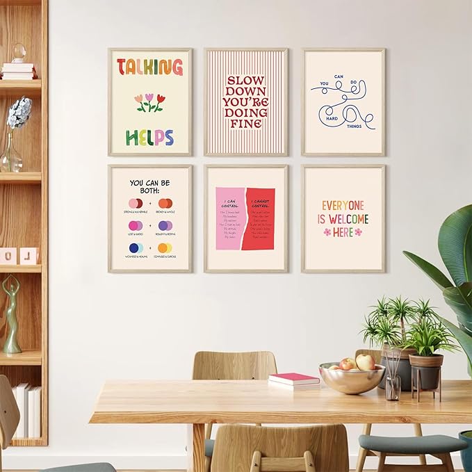 Mental Health Office Wall Decor Therapy Wall Art Mental Health Canvas Posters Motivational Inspirational Quotes Pictures Boho Positive Artwork for Counseling Office Classroom 8x10 Inch Framed 6Pcs