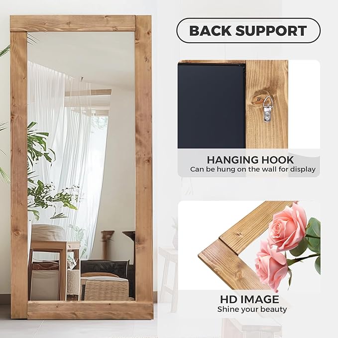 Full Length Mirror 71"x32" – Solid Wood Frame, HD Tempered Glass, Wall Mounted & Leaning, Rustic Modern Decor for Bedroom, Living Room, Entryway, Light Brown