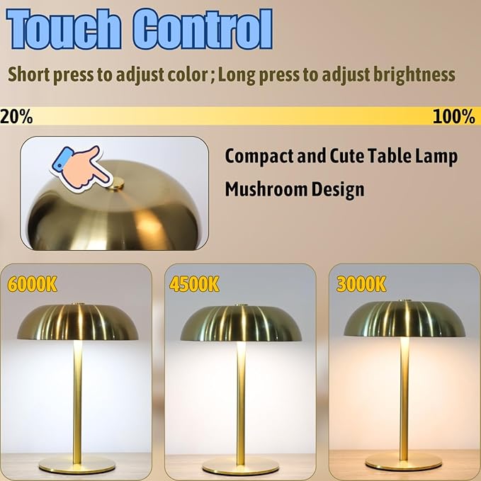 2 Pack Cordless Mushroom Table Lamp with 5200mAh Rechargeable Battery, Portable LED Night Light with Stepless Dimming, 3 Color Modes for Bedroom, Patio, Bar Decor and Coffee Shop Ambiance (Black)