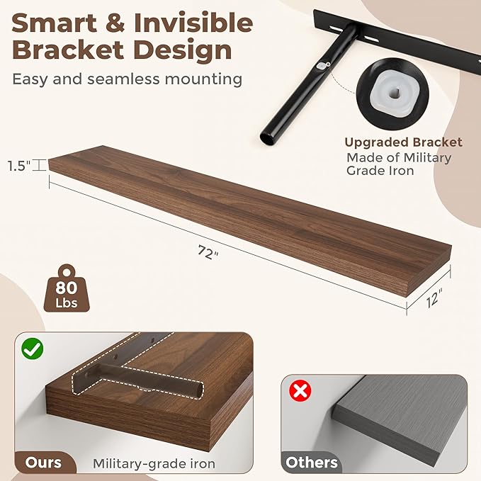 Fun Memories 72 Inch Floating Shelves, 12 Inch Deep Wall Shelf for Fireplace Mantel, Large Display Shelf & Storage Shelf, Wood Floating Wall Shelves for Home & Office, Walnut, Set of 1