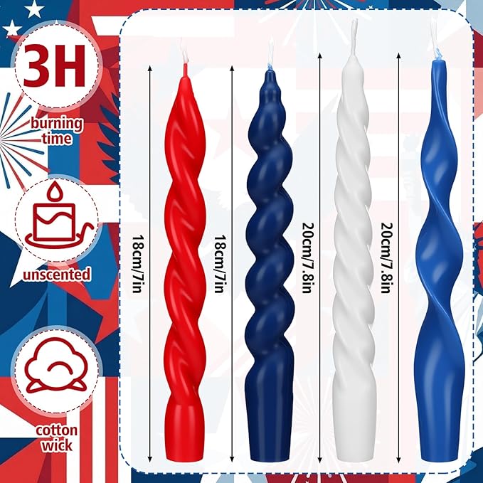 Nuanchu 4 Pcs Twisted Taper Candles Wax Unscented Smokeless Spiral Swirl Candlesticks for Wedding Holiday Dinner Party Home Decorations(7.87 Inch,Pure,Red White Blue)