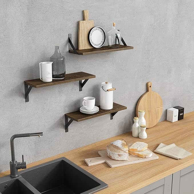 Forbena Rustic Floating Shelves Wall Mounted Set of 3, 17 Inch Natural Wood Wall Shelves, Decor Storage Shelf for Bedroom Bathroom Living Room Office Pictures Plants Books Cats TV (Rustic Brown)