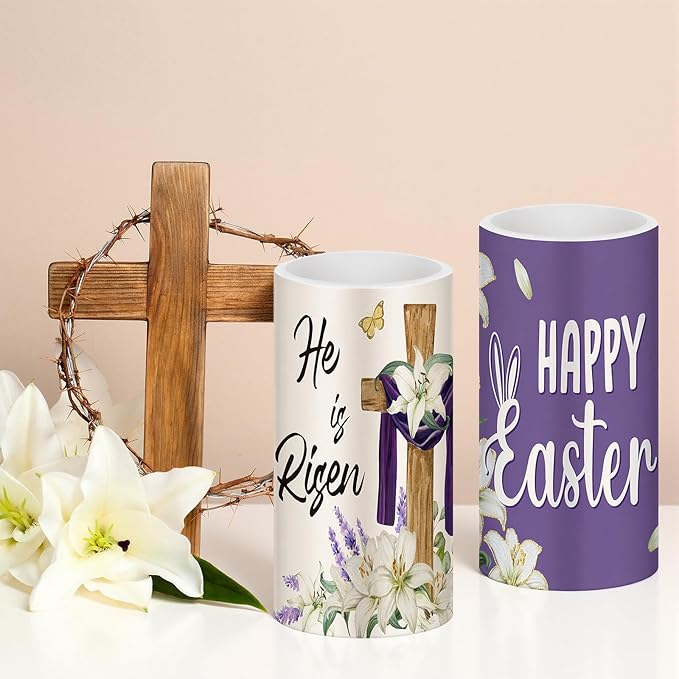 Retisee 3 Pcs He is Risen Easter LED Candles Cross Easter Flameless Candles Battery Operated with Remote Christian Bunny Flower Rabbit Spring Decor for Bedroom Living Room Decorative
