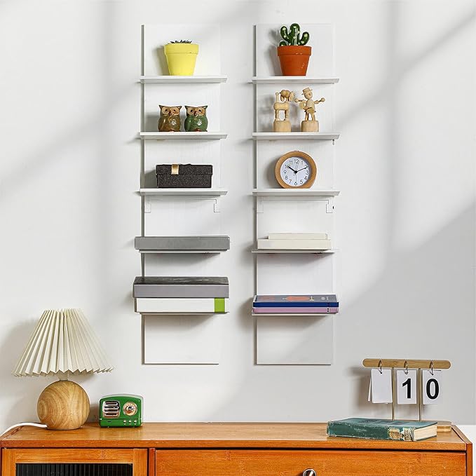 Yuntau 2 Pieces 5 Tier Wall Shelves for Bedroom 31.4 Inches Split Assembly Type Mount Vertical Wall Shelf Column Lack Hanging Floating Shelf for Storage Organizer Design Home Living Room(White)