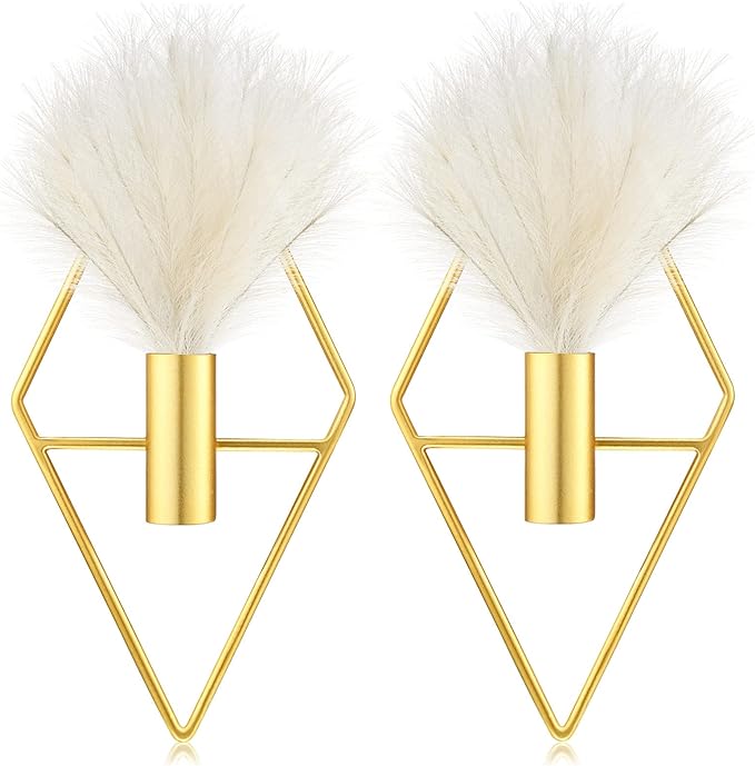 Peryiter 2 Pcs Boho Wall Decor Metal Gold Wall Art Hanging Planters with Artificial Pampas Modern Home Decor Display Art for Living Room Bedroom Bathroom(Rhombus)