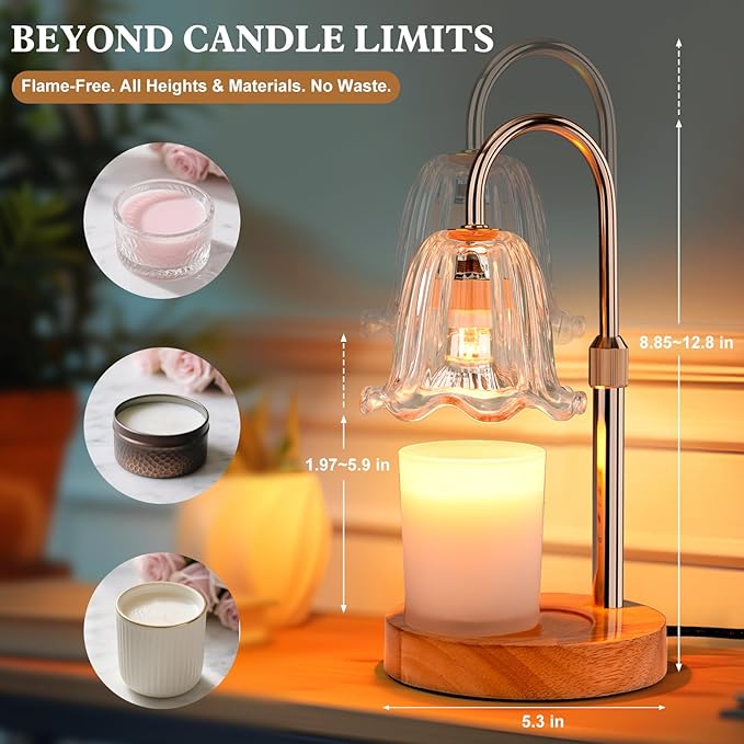 Candle Warmer Lamp Electric: Timer Dimmer Candles Warming Jar Light - Height Adjustable Dimmable Warmers Lamps - Flower No Flame Lamps with Heat Warm Melt Wax - Home Bedroom Decor Table Light