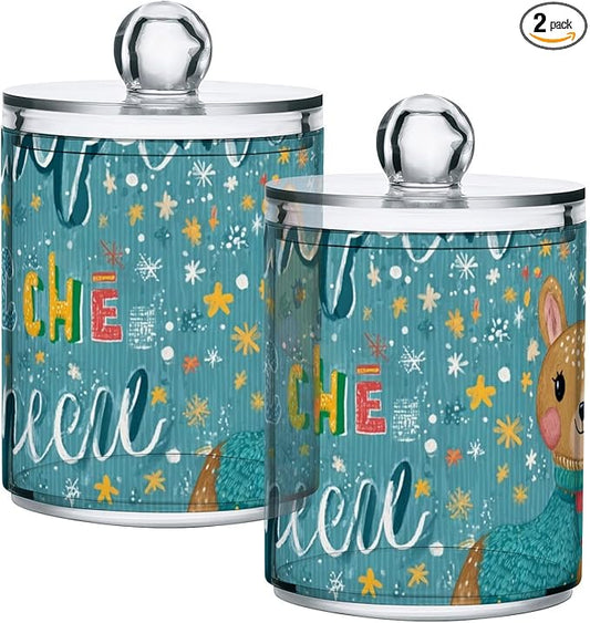 2 Pack Apothecary Jars Festive Deer Snowflake Print Bathroom Vanity Storage Organizer Set,Small Clear Plastic Storage Jars Bathroom Canister for Cotton Swabs, Rounds, Balls, Qtips,Makeup Sponge