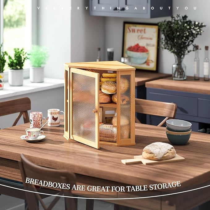 STDDRE Corner Bread Box Kitchen Countertop Extra Large Capacity Farmhouse Bread Box, Corner Countertop Storage, Double Layer Bread Holder (Natural, Extra Large)