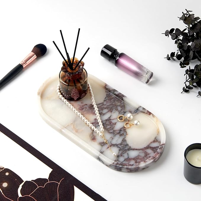 Luxury Natural Oval Marble Tray – 11.8 x 5.9-Inch Calacatta Viola Stone Vanity Tray, Large Makeup Organizer for Perfume Skincare Products, Decorative Tray for Bathroom Coffee Table & Dresser
