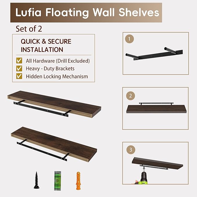 Lufia Floating Wall Shelves, Set of 2, MDF with Invisible Brackets, Modern Storage for Bedroom, Bathroom, Living Room, Kitchen (Rustic Brown, 32" W x 7" D x 1.5" H)