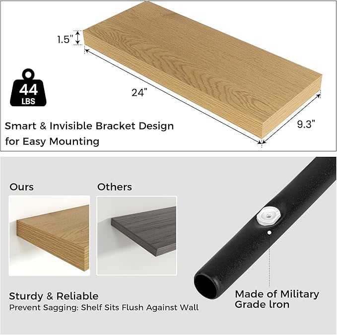 Venusmiles Floating Shelves for Wall, Engineered Wood Wall Shelves with Invisible Brackets for Living Room Bedroom Bathroom Office Kitchen Decor and Storage (Oak, 24" W x 9" D x 1.5" H) Set of 2
