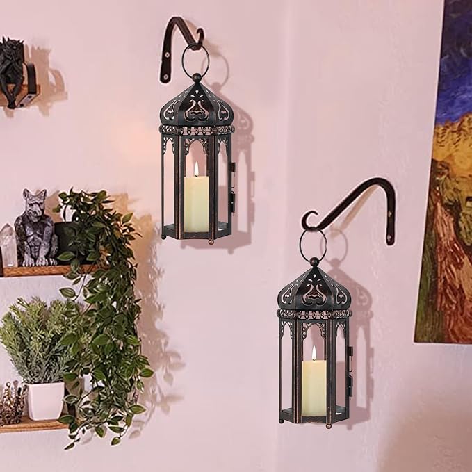 DECORKEY Vintage Medium Size Candle Lantern Decorative, Moroccan Style Vintage Hanging Lantern with Clear Glass, Metal Tabletop Lantern Decor, Indoor Outdoor Candle Holders for Coming Season
