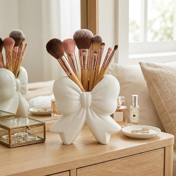 Jingmore White Bow Vase Coquette Ceramic Vase for Wedding Pen Holder Makeup Brush Holder Contemporary Design Decorative Women Gift for Home Office Shelf Table Room(Small, Classic)