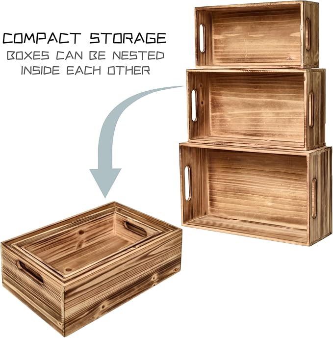 Set of 3 Wooden Boxes for Storage Small Crates for Display and Organizing, Farmhouse Style Storage Boxes for Crafts, Decor, Home Pantry and Living Room