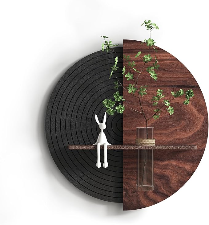 3D Textured Round Abstract Wall Art Decor With Shelf, Modern Minimalist Geometric Black Brown Artwork for Walls, Circle Sandstone Texture Wall Decor for Living Room, Hallway, Kitchen, Bedroom, Office
