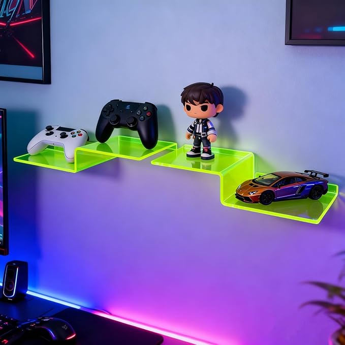 SetGame 2-Pack Acrylic Shelves Z-Shaped Display Stand Wall Mounted, 12 Inch Wall Storage Organizer for Toys, Books, Plants, Photos Album, Suit for Office, Living Room, Room Decor (Neon Green)