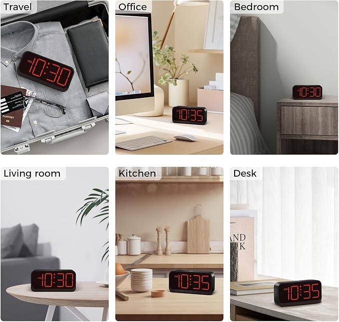 Acedeck Battery Operated Digital Clock: Cordless Small Alarm Clock for Bedroom Travel - Large Numbers 4 Dimmers for All Ages Red Digits