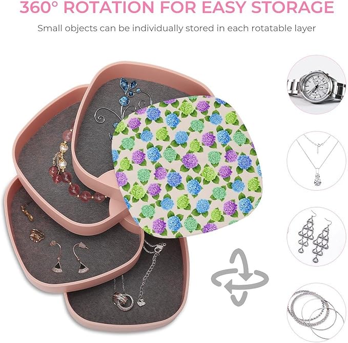4-Layers Rotatable Jewelry Organizer Storage Box Watercolor Hydrangea Earring Organizer Box Jewelry Case with Mirror