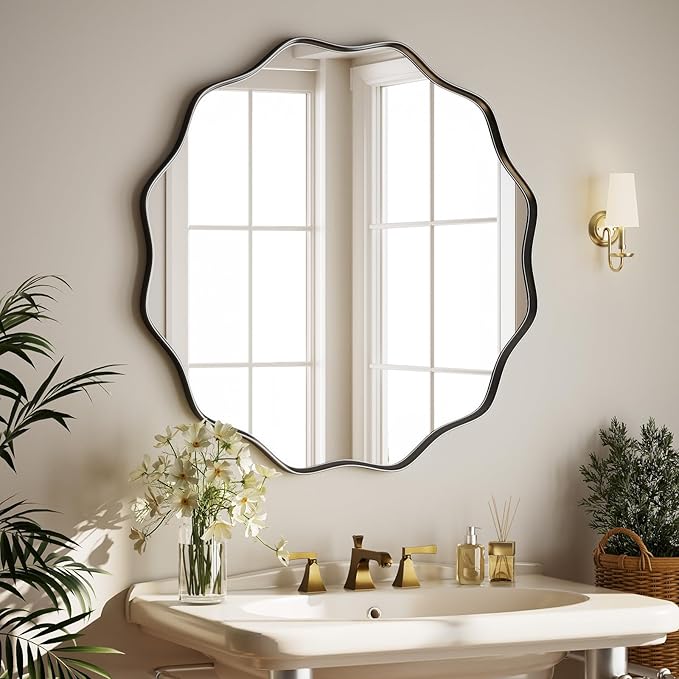 Round Wavy Mirror 36 Inch Bathroom Vanity Mirror Metal Frame Circle Wall Mounted Mirror for Bedroom Living Room Entryway Black