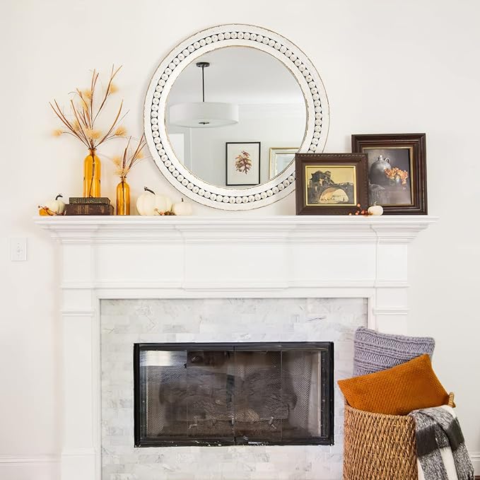 H HOMEWINS Rustic Round Mirror, 24" Wooden Circle Mirrors,Farmhouse Wall-Mounted White Beads Decor Mirror for Bedroom, Bathroom, Living Room,Vanity