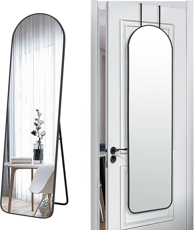 SCWF-GZ 57x16 Door Hanging Full Length Mirror, Floor Stand (Height 5.7ft just Body in1.3ft) / Wall Mounted Metal Frame Arch Dressing Mirrors for Bedroom Living Room 57 inch Black