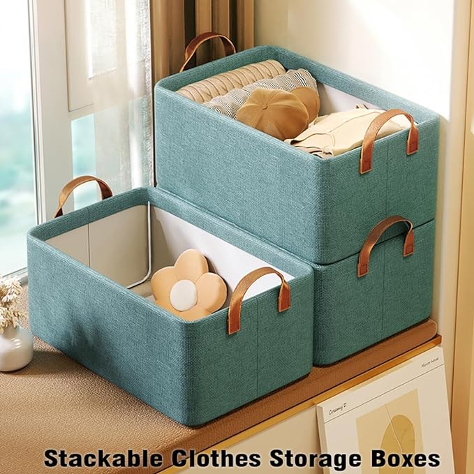 AARAINBOW 4 Pcs Closet Clothes Organizer with Handle, Fabric storage Box with Steel Frame Stackable Shelf Storage Baskets Foldable Storage Baskets for Organizing Clothes Jeans, 23L (4 Green)