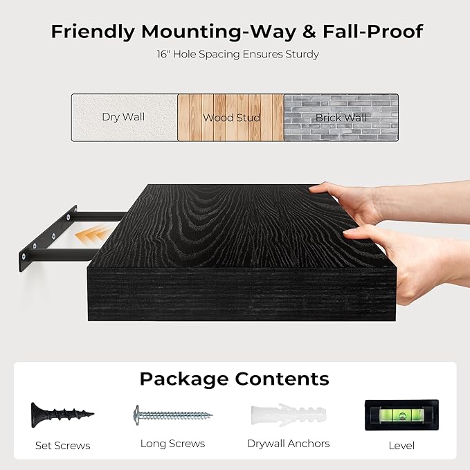 Fun Memories 72 Inch Floating Shelves for Wall, Fireplace Mantel Shelf with Invisible Heavy Duty Bracket, 8 Inch Deep Storage Shelf for Living Room, Kitchen, Farmhouse, Black