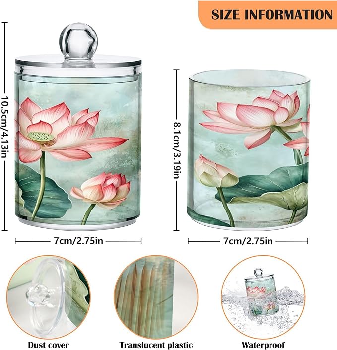 Nander 4Pack Beautiful Watercolor Lotus Flower Qtip Holder Dispenser -Clear Plastic Apothecary Jars Set - Restroom Bathroom Makeup Organizers Containers for Cotton Swab, Ball, Pads, Floss