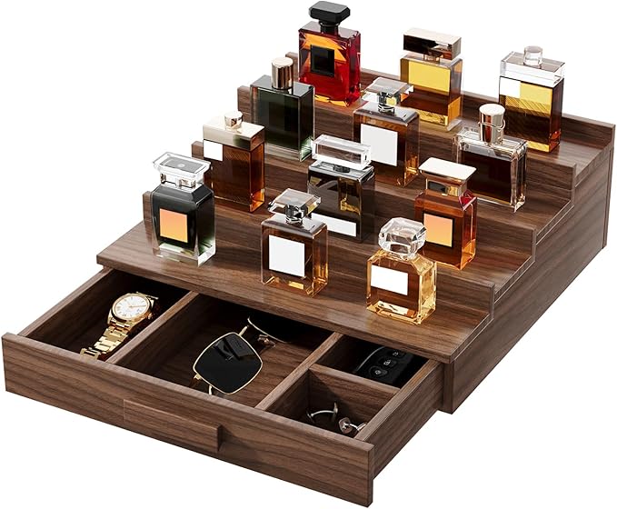 Solid Walnut Cologne Organizer for Men,Cologne Stand,4 Tier Wooden Cologne Holder Shelf Display,Perfume Stand Organizer with Drawer Storage and Hidden Compartment,Gift for Men Dad Husband