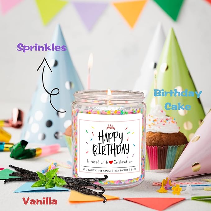 Homsolver Happy Birthday Gifts for Women Unique, Vanilla Cream Scent with Sprinkles Candy Birthday Candles for Her, Handmade Aromatherapy Candle Decor