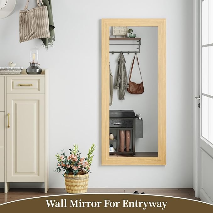 Syndra Modern Full Length Mirror Wood Frame, 56x20'' Large Floor Mirror with HD Tempered Glass & Wall Mount Option, Rectangular Standing Mirror for Bedroom, Living Room, Entryway, Farmhouse(Natural)
