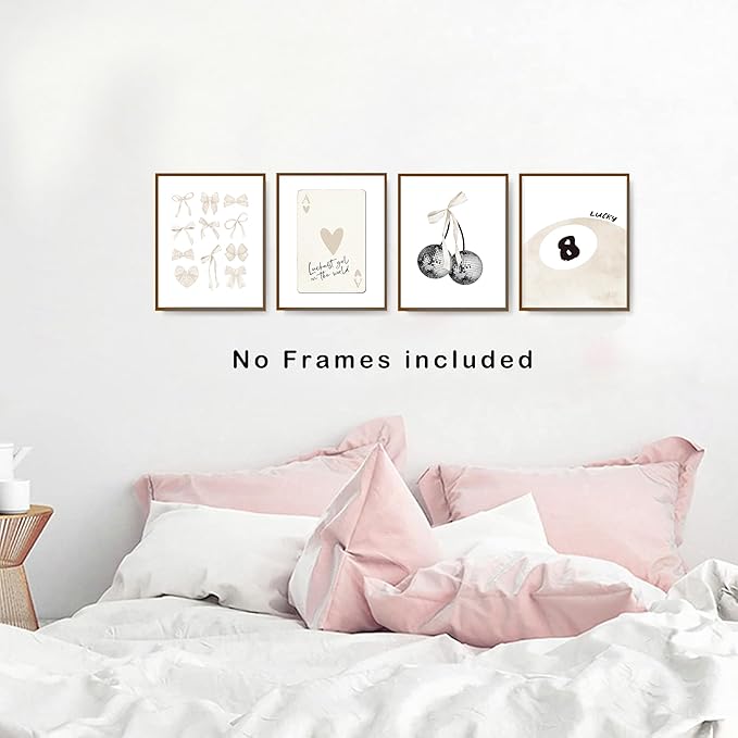 okaxscm Beige Coquette Trendy Preppy Wall Art Prints Set of 4, Coquette Room Decor, Preppy Room Decor Aesthetic, Beige Bow Disco 8 Ball Cherry Wall Decor Posters for Girls Bedroom Dorm, 8x10 Unframed