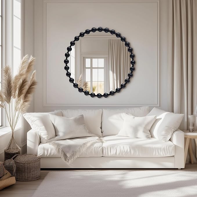 Round Black Mirror 28'', Spherical Frame Round Mirror for Living Room, Beaded Mirror for Bathroom, Dining Roon, Bed Room, Entryway