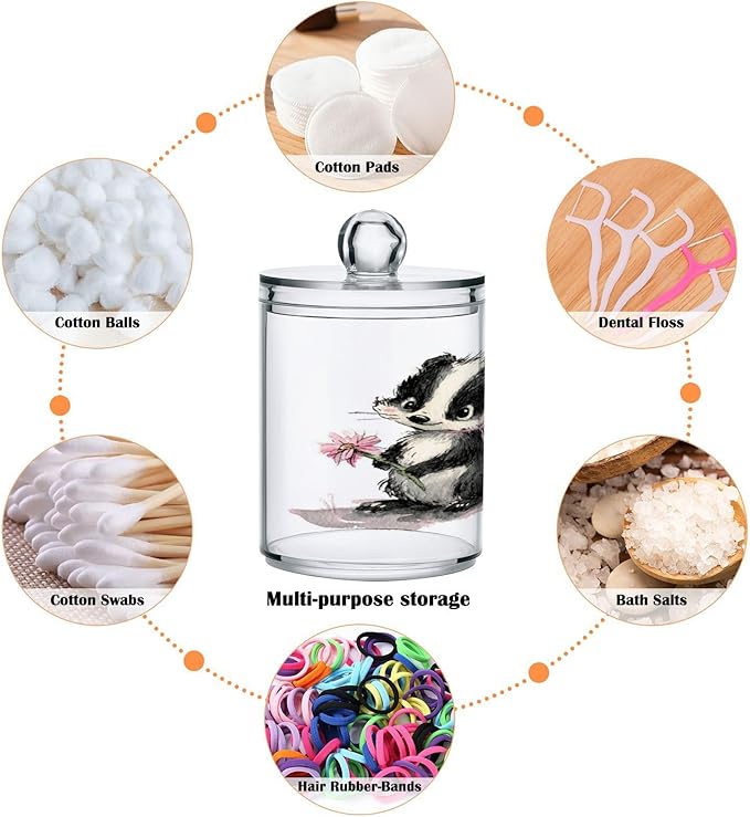 2 Pack Apothecary Jars,Cute Skunk Holding Flower Bathroom Vanity Storage Organizer Set,Small Clear Plastic Storage Jars Bathroom Canister for Cotton Swabs,Rounds,Balls,Qtips,Makeup Sponges