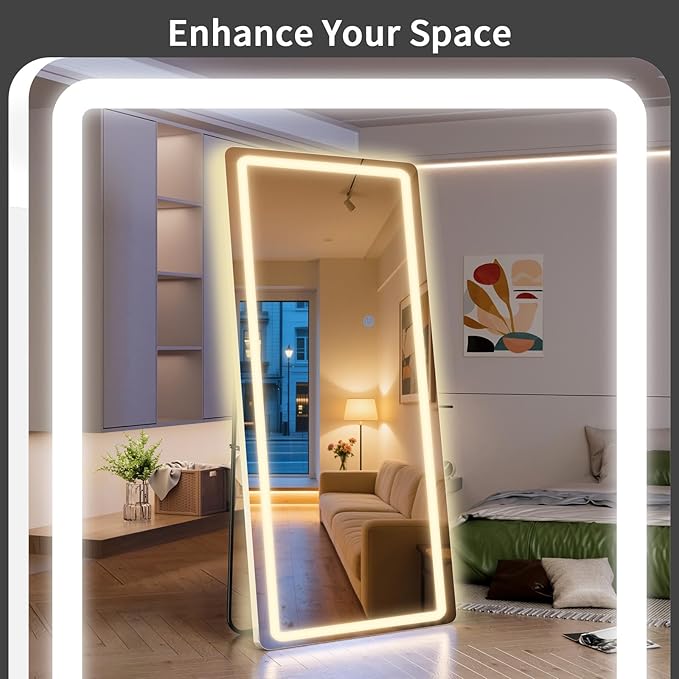 Standing Mirror Full Length with LED Lights, 76"x34" Lighted Mirror with Dimming & 3 Color Lighting, Tall Mirror Full Body for Bedroom, Dressing Room