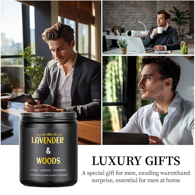 Lavender Woods Candle, 7 oz Scented Candle for Men, Soy Candles for Home Scented, Masculine Jar Candle for Him, 50 Hours Burning Time Mens Candle Gift for Boyfriend, Father, Birthday Present Giving