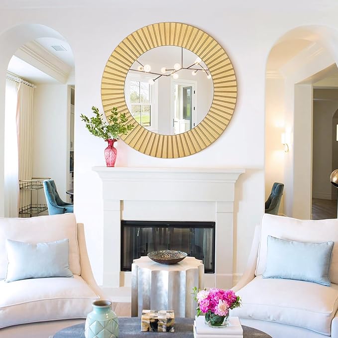 Chende 42'' Round Gold Mirror for Living Room, Large Decorative Mirror for Wall with Wood Frame, Elegant Accent Gold Mirrors for Bathroom, Entryway, Bedroom