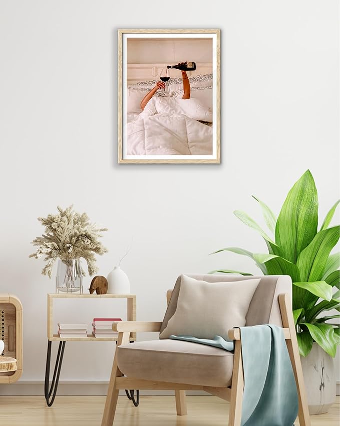 EcoHest Small Woman Drinking Wine in Bed Framed Wall Art, 8x10 in OAK Wood Feminist Alcohol Canvas Wall Art, Trendy Teen Girl Bar Cart Print College Room Decor, Set of 1 For Bedroom Living Room