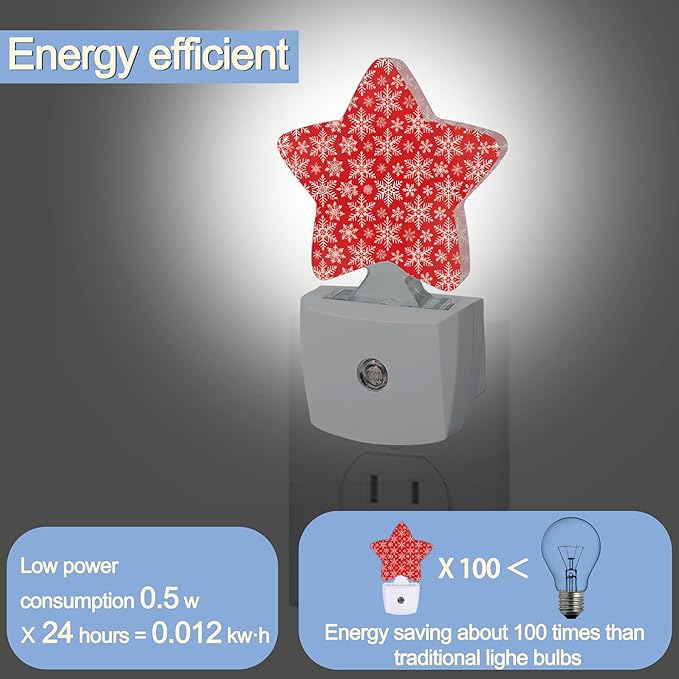 Red Christmas Snowflakes Dusk to Dawn Star Night Light,Winter Smart Sensor Nightlight for Bedroom Kitchen Hallway Stairs,Plug-in Energy Efficient Decor Desk Lamp Women Men Gifts
