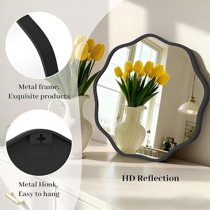 HOMECOOKIN 20 Inch Wavy Round Wall Mirror, Round Wavy Wall Mirror with Aluminum Frame for Bathroom Upgrades, Hotels, Dressing Tables,Farmhouses